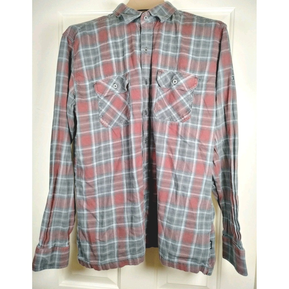 Kuhl Mens Large Plaid Long Sleeve Button Down Shirt Red Gray Cotton Tencel